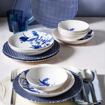 14-piece white and blue porcelain dinner set