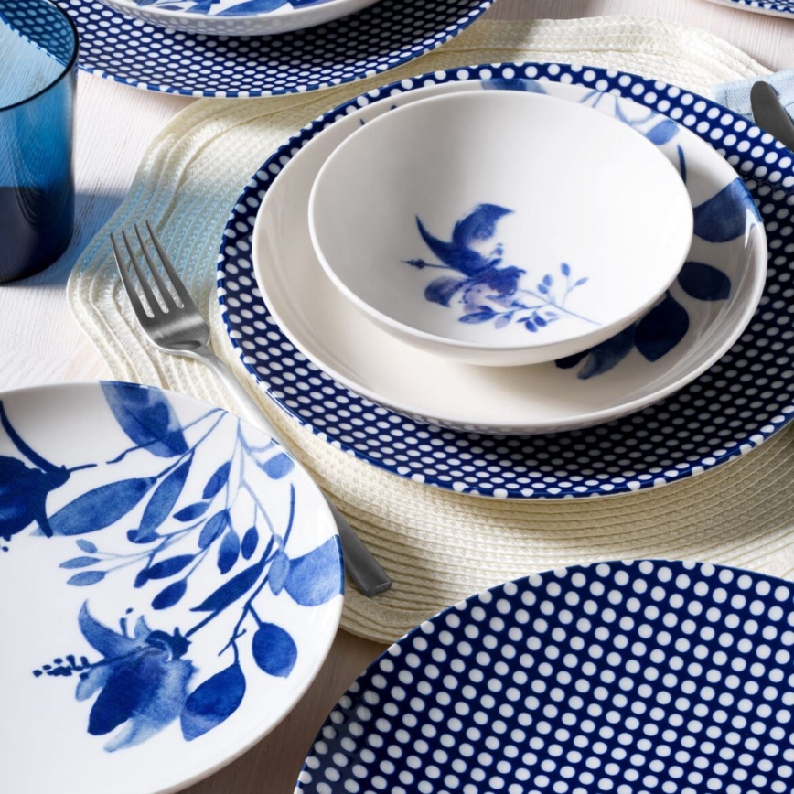 14-piece white and blue porcelain dinner set
