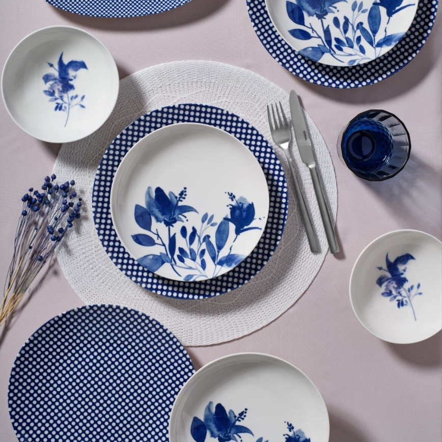 14-piece white and blue porcelain dinner set