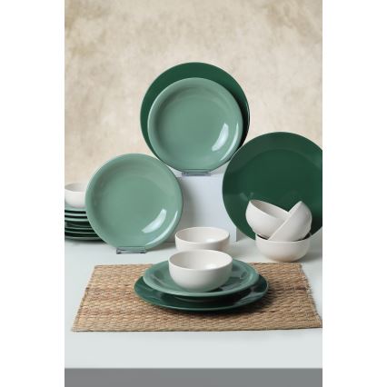 18-piece ceramic dinnerware set, green/white