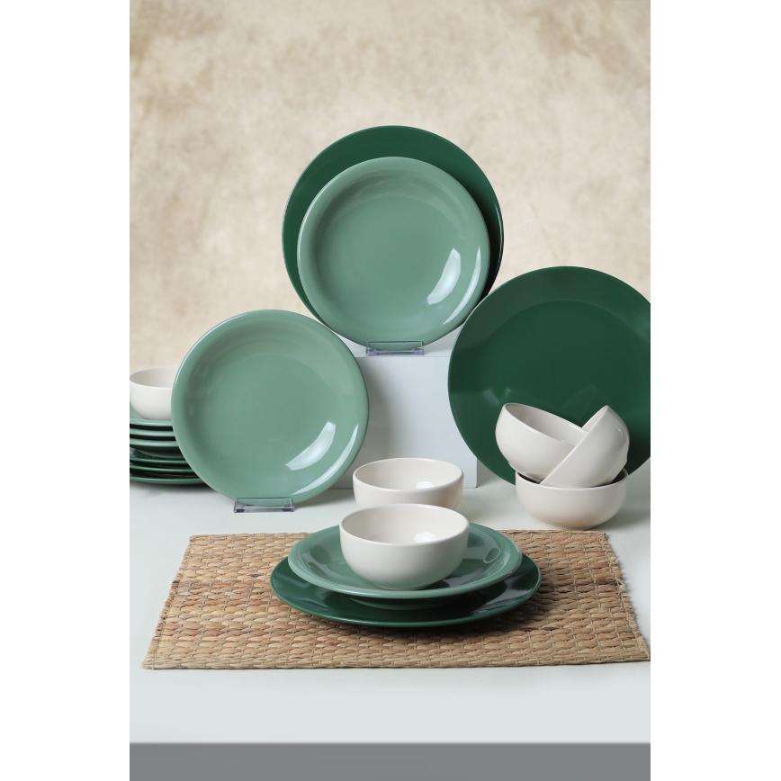 18-piece ceramic dinnerware set, green/white