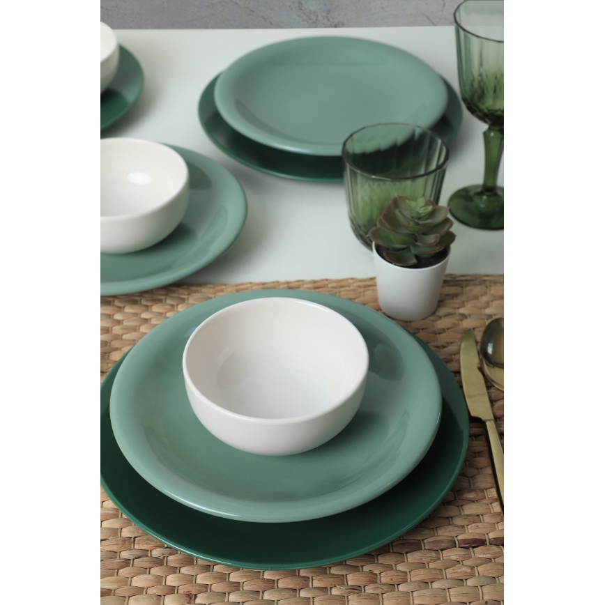 18-piece ceramic dinnerware set, green/white