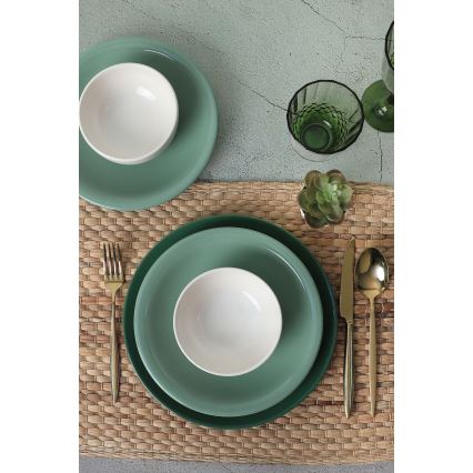 18-piece ceramic dinnerware set, green/white