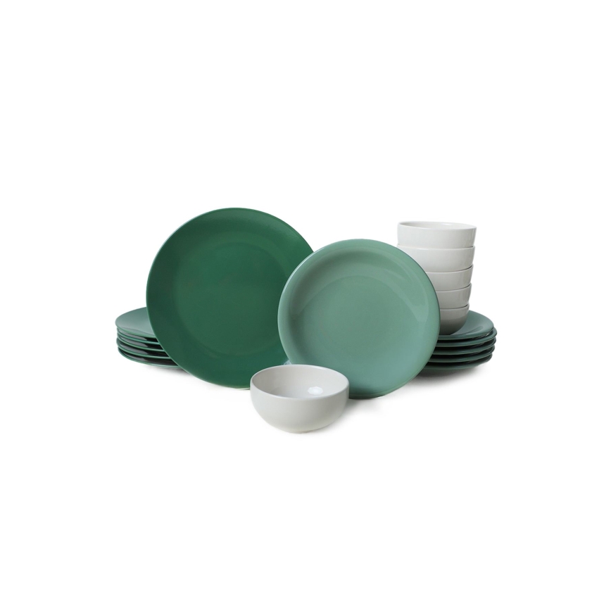 18-piece ceramic dinnerware set, green/white