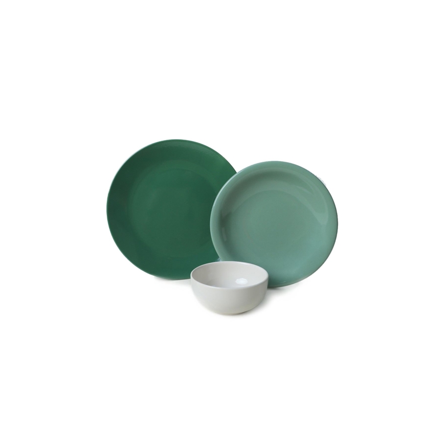 18-piece ceramic dinnerware set, green/white