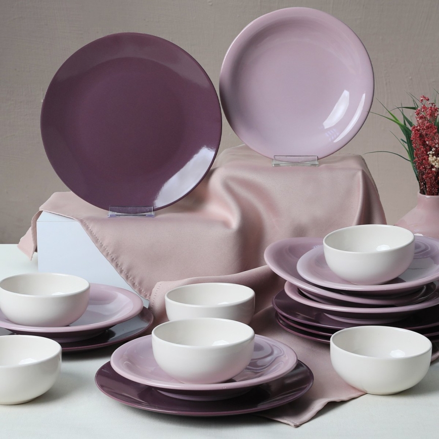 18-piece ceramic dinnerware set, purple/white