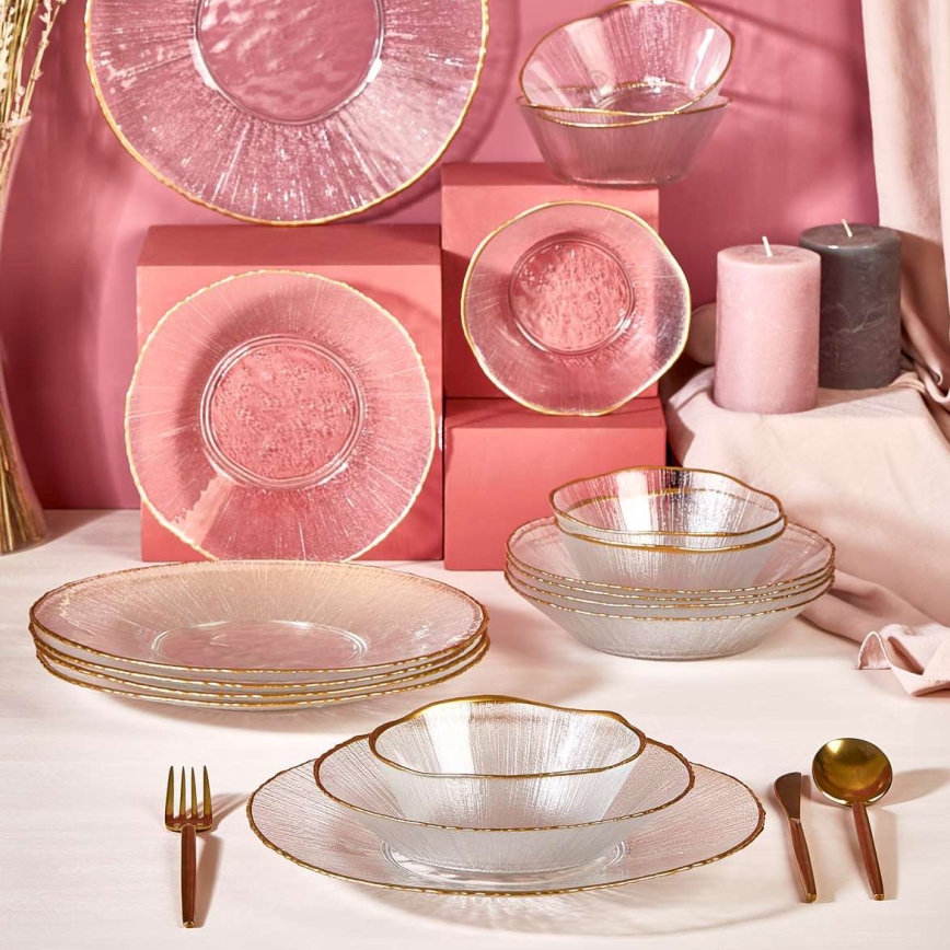 18-piece clear glass dinner set with gold accents