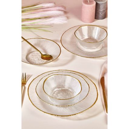 18-piece clear glass dinner set with gold accents