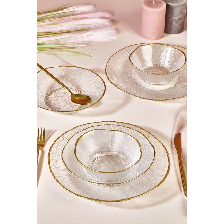 18-piece clear glass dinner set with gold accents