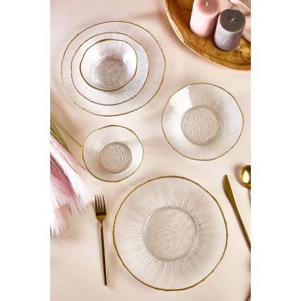 18-piece clear glass dinner set with gold accents