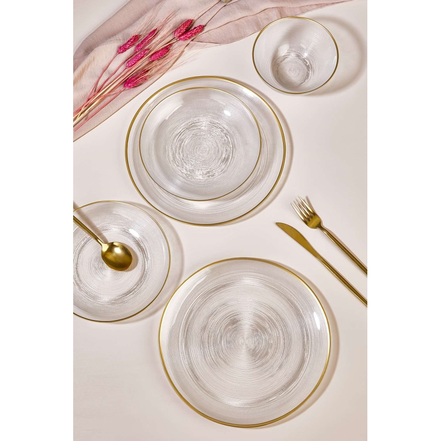 18-piece glass dining set — clear with gold accents