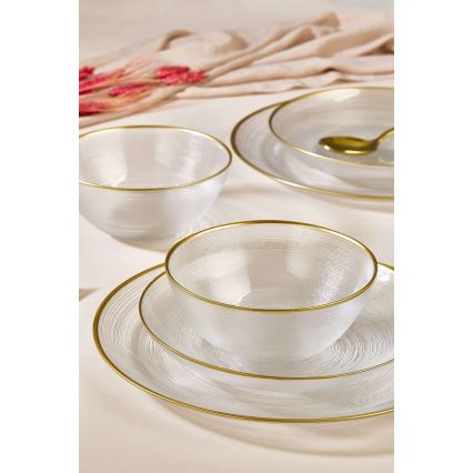 18-piece glass dining set — clear with gold accents