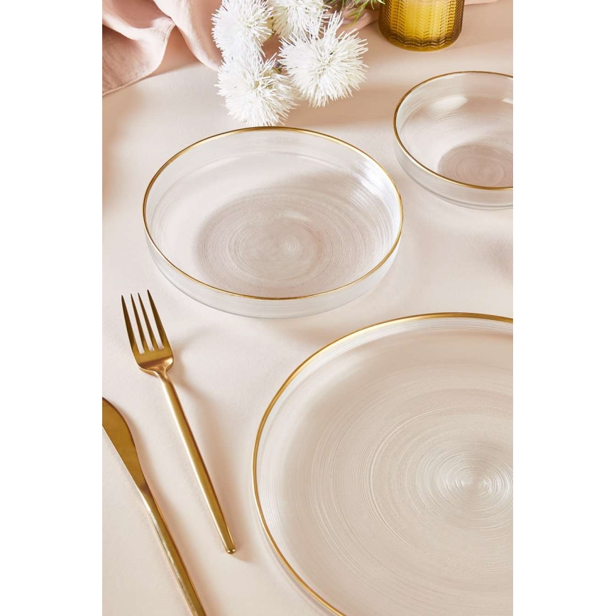 18-piece glass dinnerware set – clear with gold trim