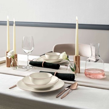 18-piece porcelain dining set, white with copper accents
