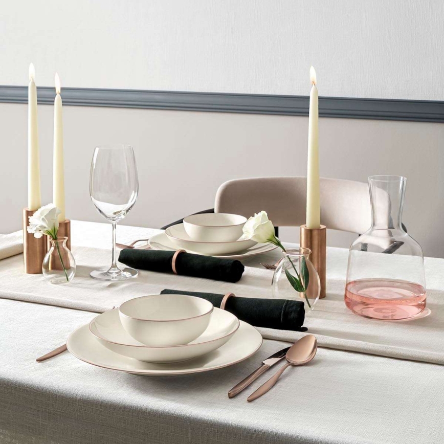 18-piece porcelain dining set, white with copper accents