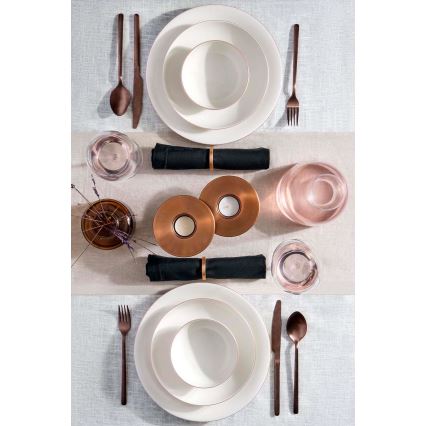 18-piece porcelain dining set, white with copper accents