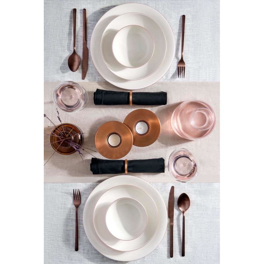 18-piece porcelain dining set, white with copper accents