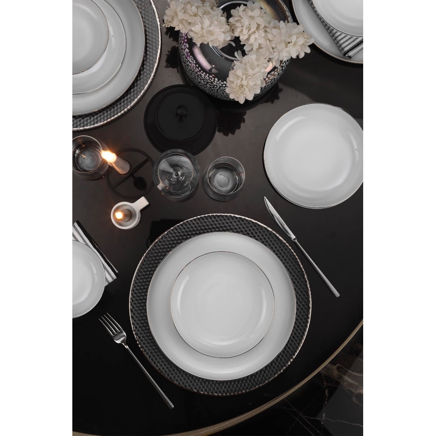 18-piece porcelain dinner set, white with silver trim
