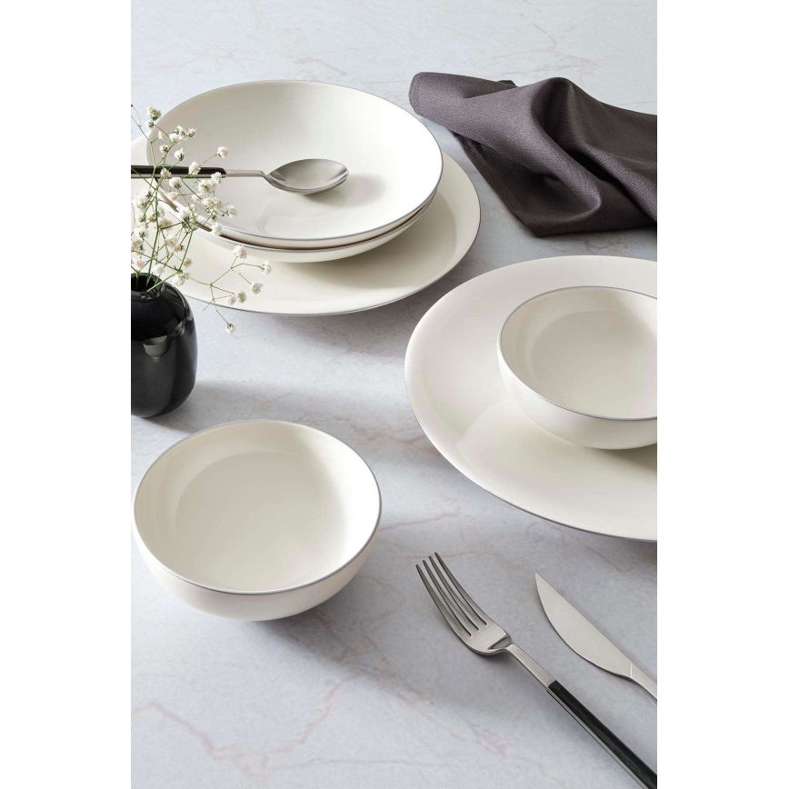18-piece porcelain dinner set — white/silver