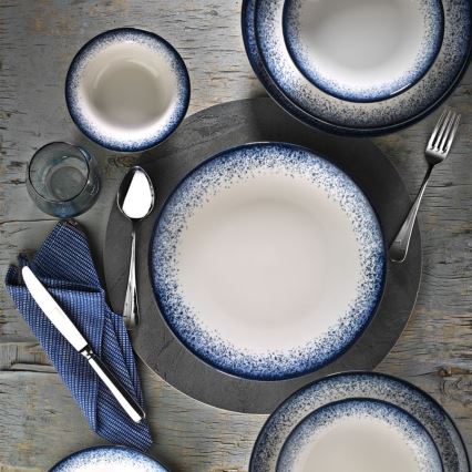 18-piece porcelain dinnerware set in white and blue