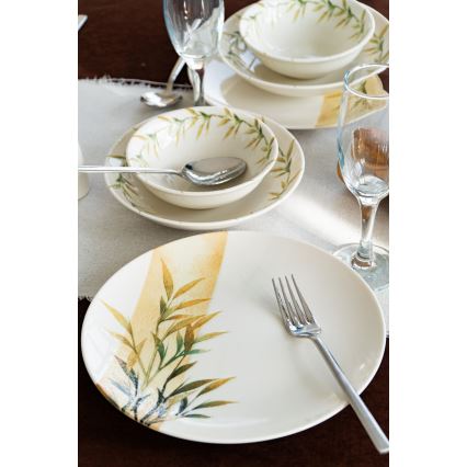 18-piece porcelain dinnerware set — white/green/yellow