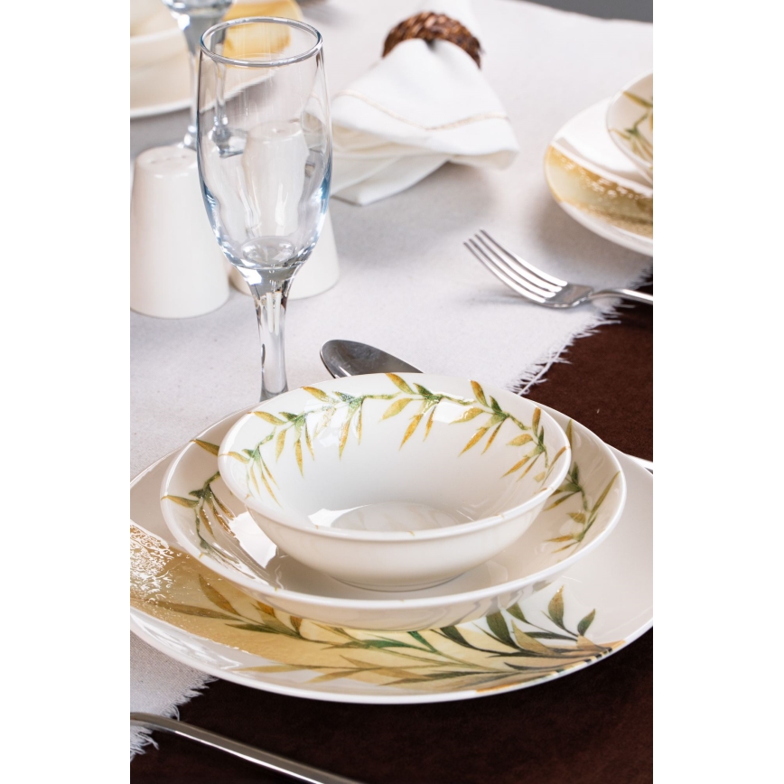 18-piece porcelain dinnerware set — white/green/yellow