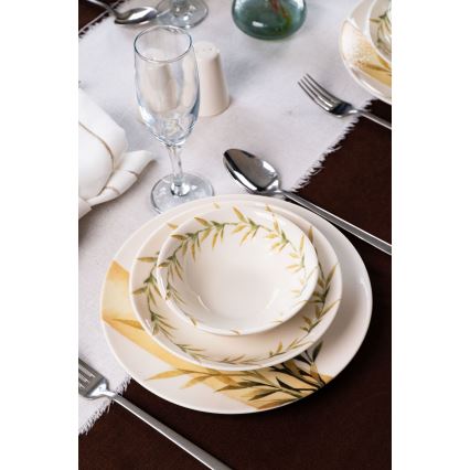 18-piece porcelain dinnerware set — white/green/yellow