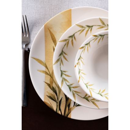 18-piece porcelain dinnerware set — white/green/yellow