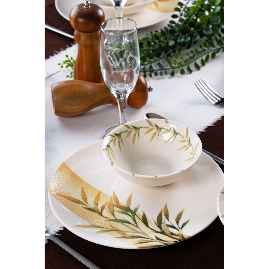 18-piece porcelain dinnerware set — white/green/yellow
