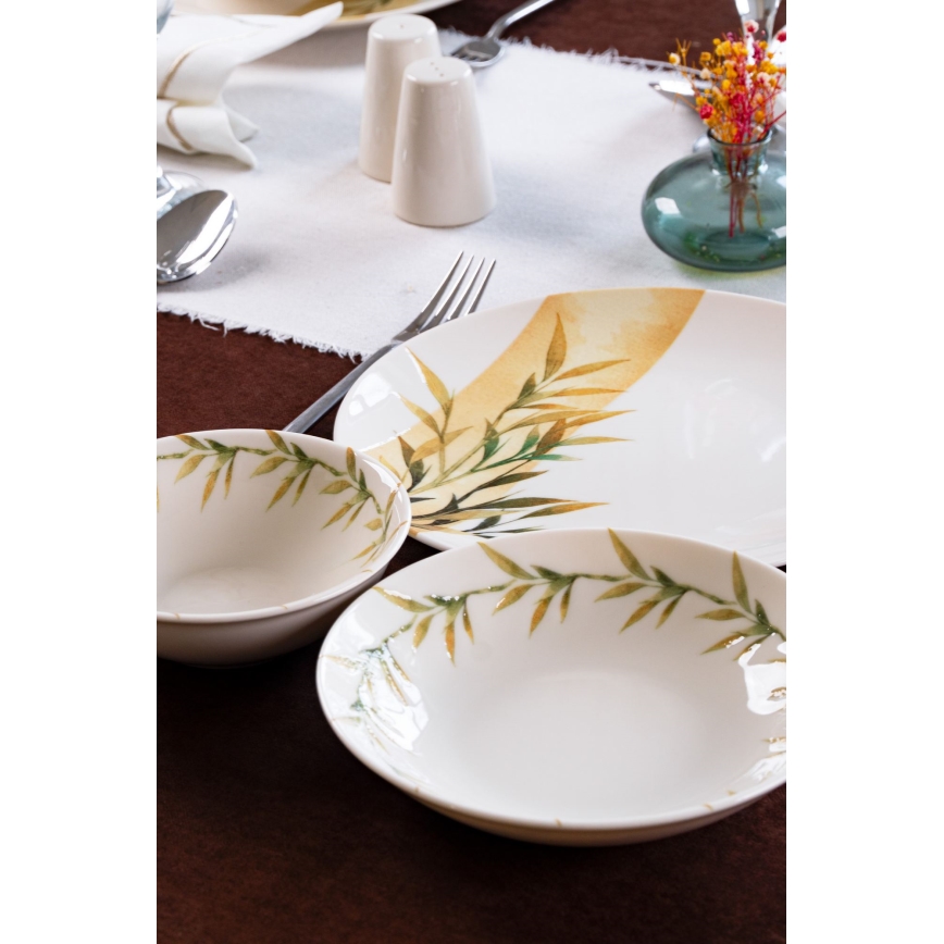 18-piece porcelain dinnerware set — white/green/yellow