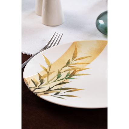 18-piece porcelain dinnerware set — white/green/yellow