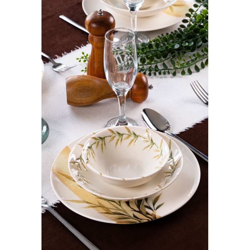 18-piece porcelain dinnerware set — white/green/yellow