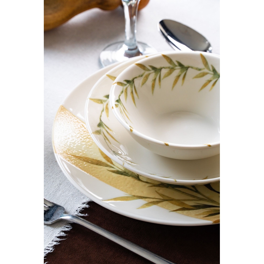 18-piece porcelain dinnerware set — white/green/yellow