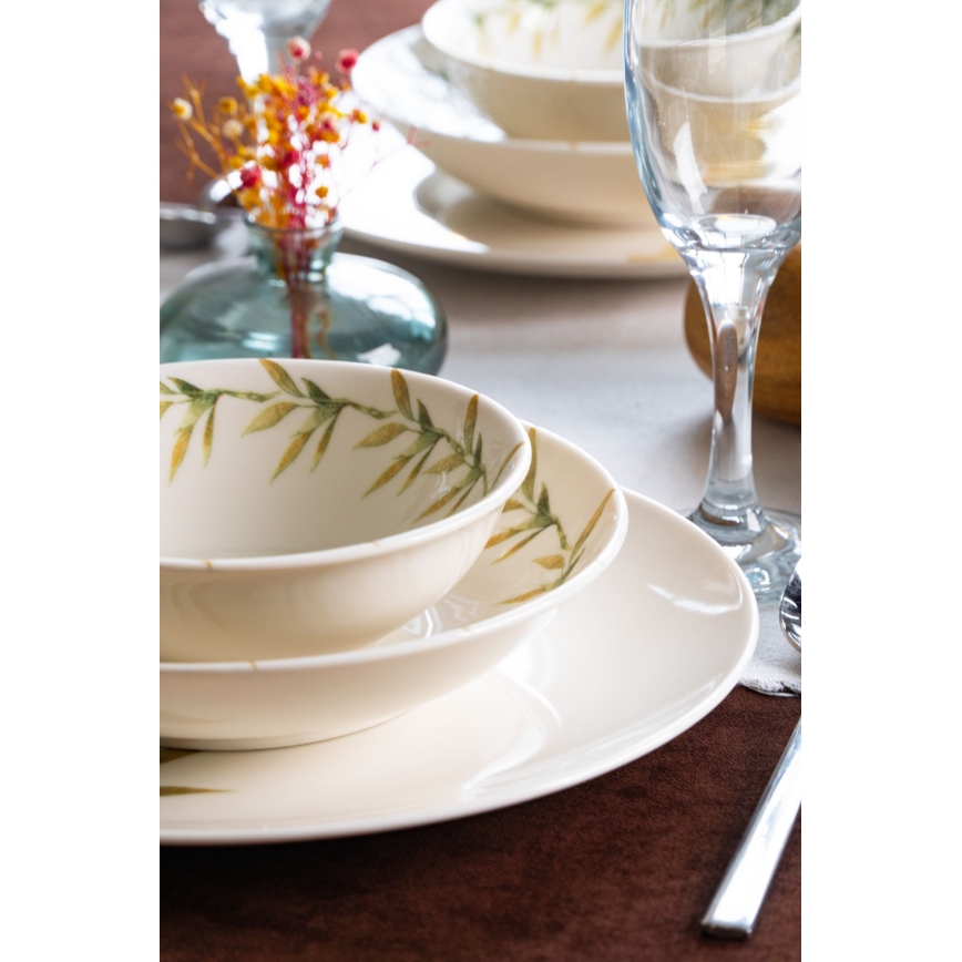 18-piece porcelain dinnerware set — white/green/yellow