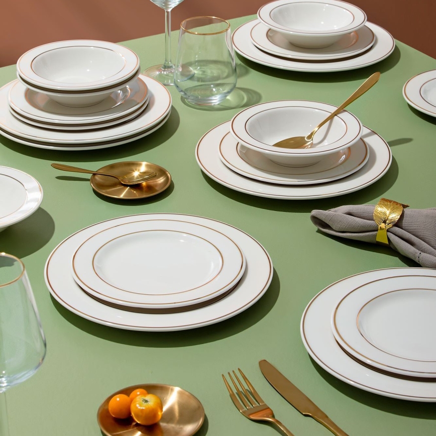 18-Piece White Porcelain Dinner Set with Gold Trim