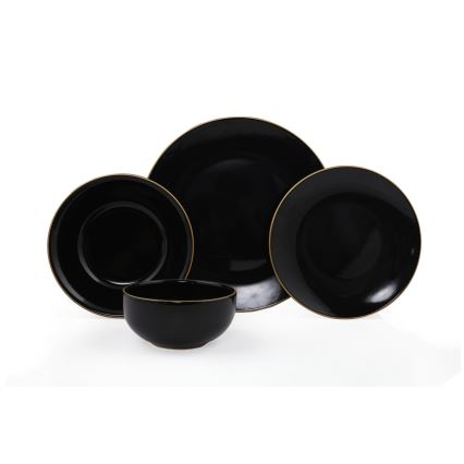 24-piece black stoneware dinner set with gold accents