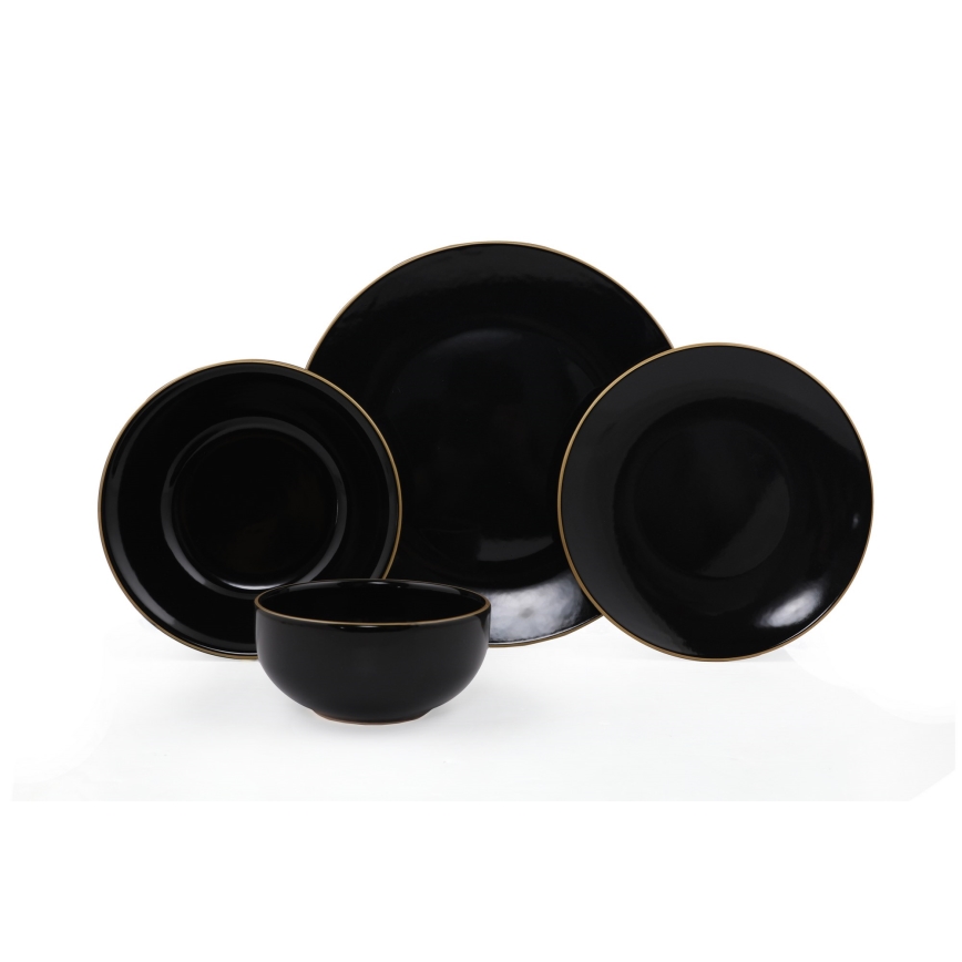 24-piece black stoneware dinner set with gold accents
