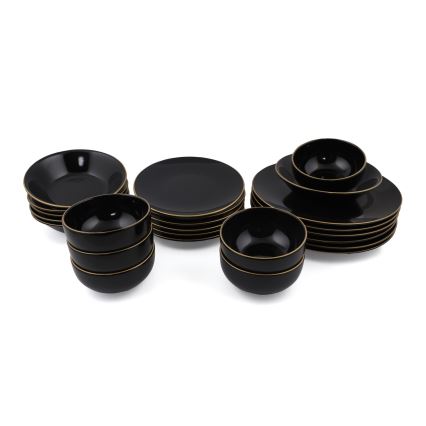 24-piece black stoneware dinner set with gold accents