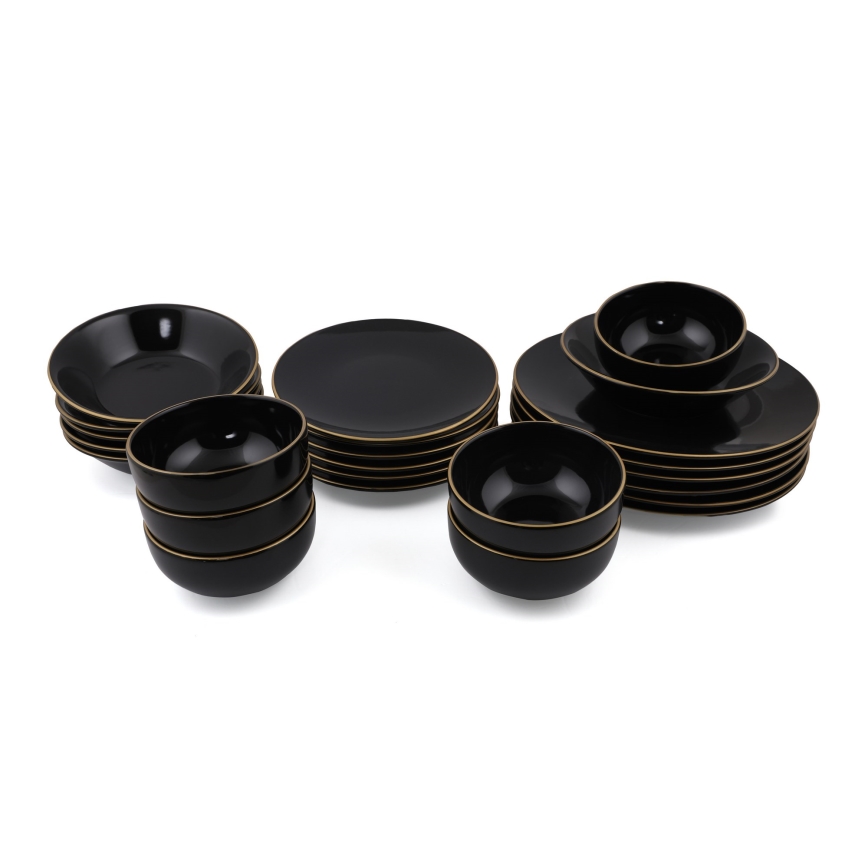 24-piece black stoneware dinner set with gold accents