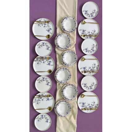 24-piece ceramic dining set in white and purple