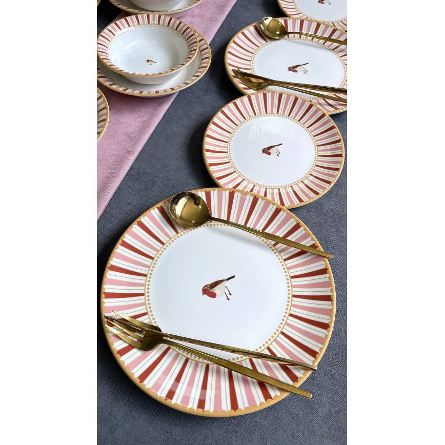 24-piece ceramic dinner set in white, red and gold