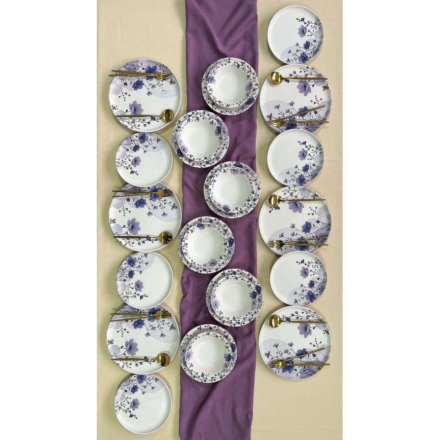 24-Piece Ceramic Dinner Set, White/Purple