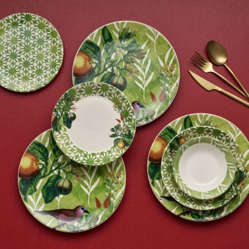 24-piece ceramic dinnerware set, green/white