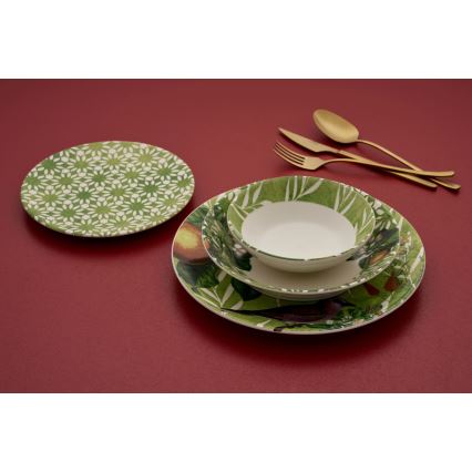 24-piece ceramic dinnerware set, green/white