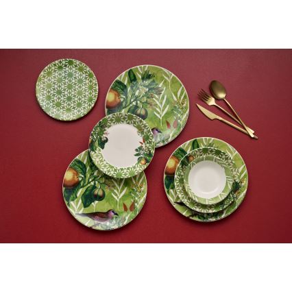 24-piece ceramic dinnerware set, green/white