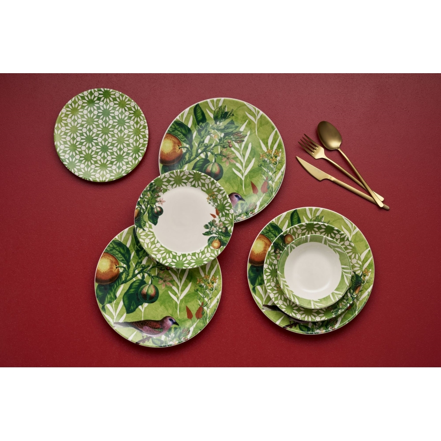 24-piece ceramic dinnerware set, green/white