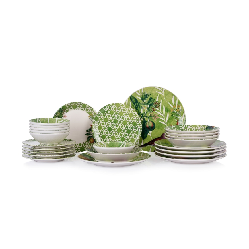24-piece ceramic dinnerware set, green/white