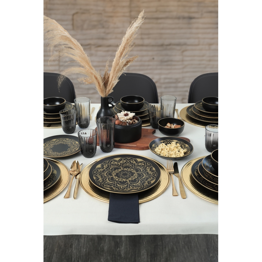 24-piece ceramic dinnerware set in black and gold