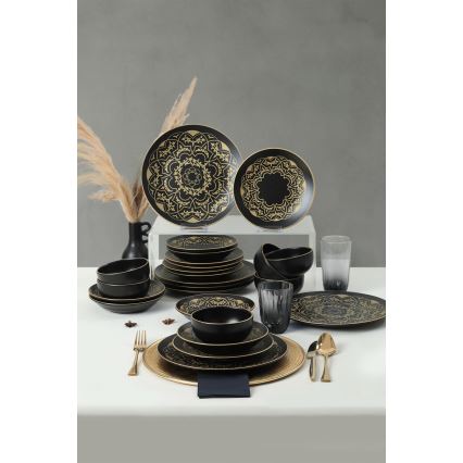 24-piece ceramic dinnerware set in black and gold
