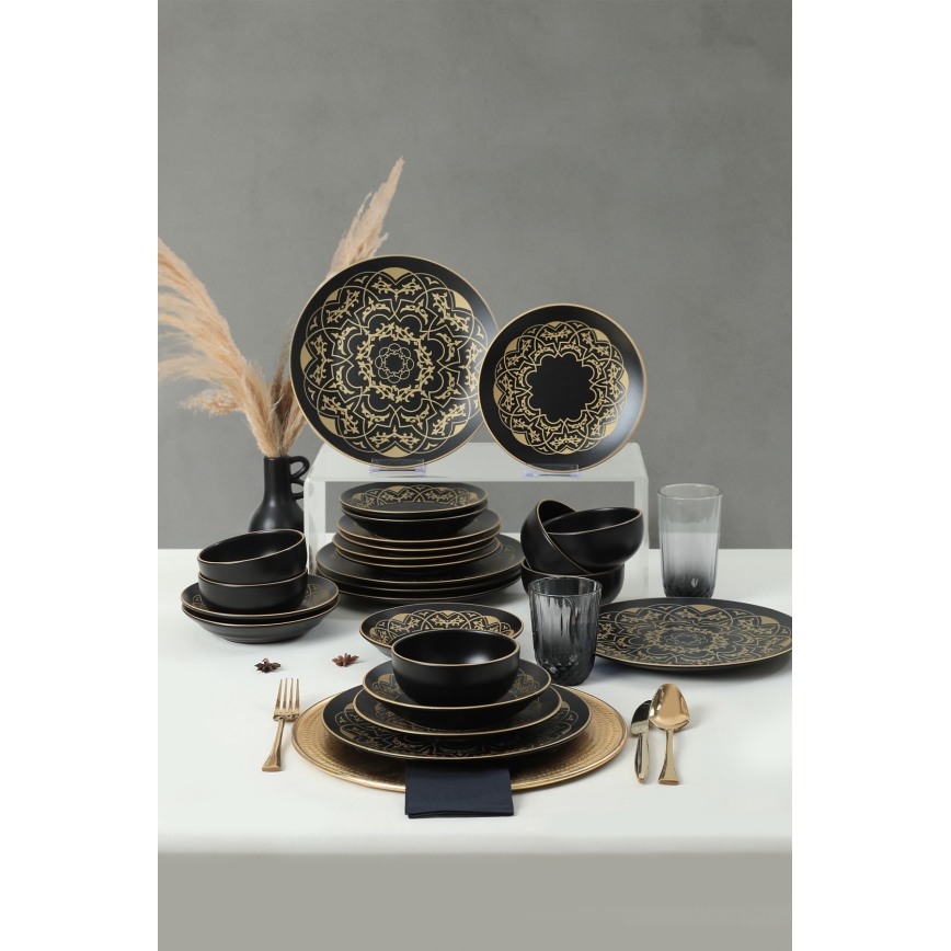 24-piece ceramic dinnerware set in black and gold